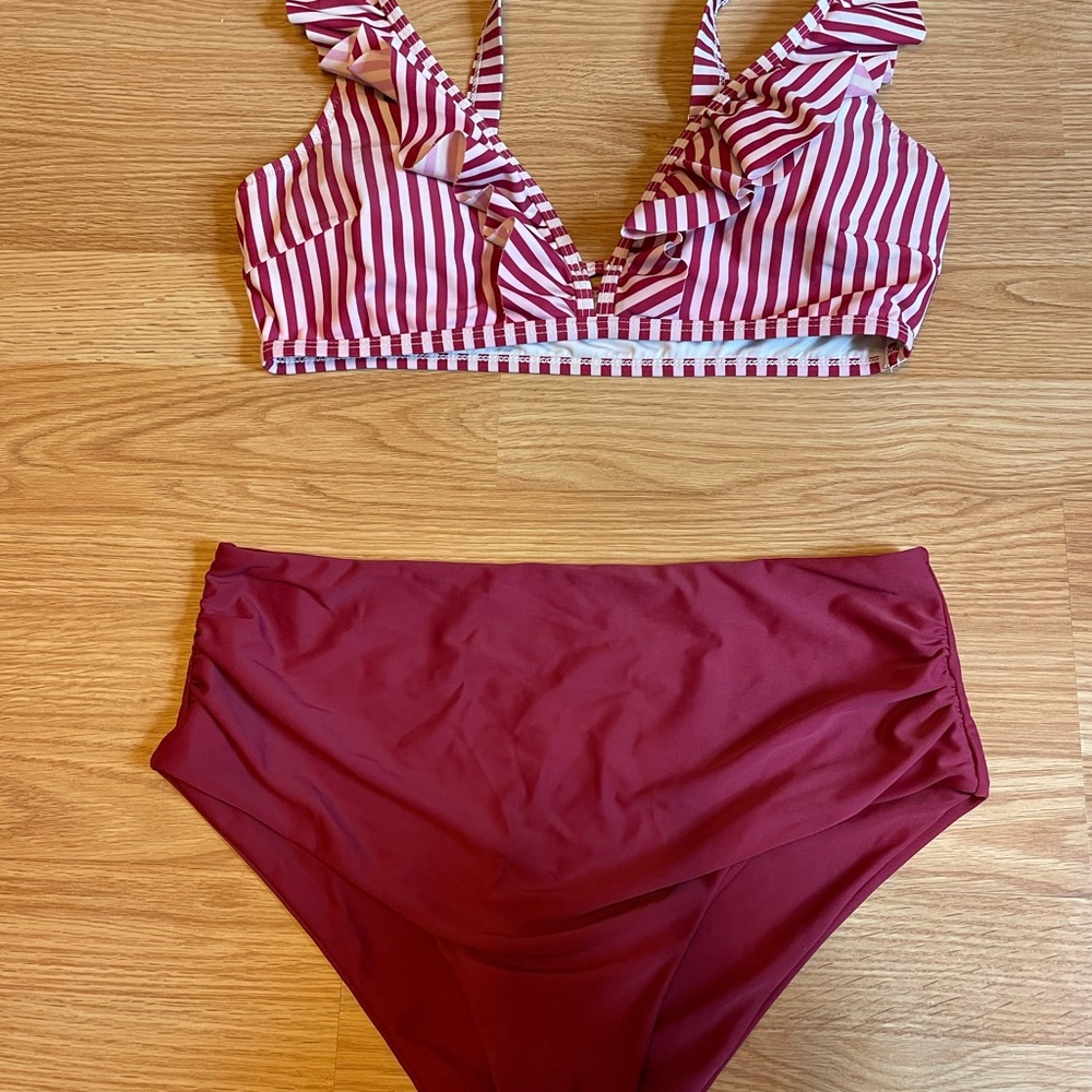 Zaful Red Striped Ruffle Bikini Set